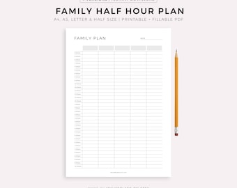 Afdrukbare gezinsplanner voor een half uur, dagplanner voor het gezin, gezinsplanning, gezinsplanner, A4/Letter, pdf direct downloaden