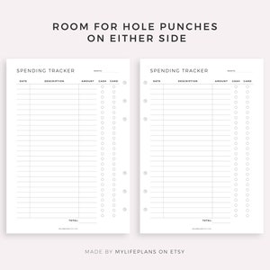 May include: Two printable spending tracker pages with room for hole punches on either side. Each page has columns for date, description, amount, cash, and card. The pages are designed for use in a planner or binder.