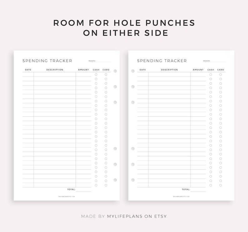 May include: Two printable spending tracker pages with room for hole punches on either side. Each page has columns for date, description, amount, cash, and card. The pages are designed for use in a planner or binder.