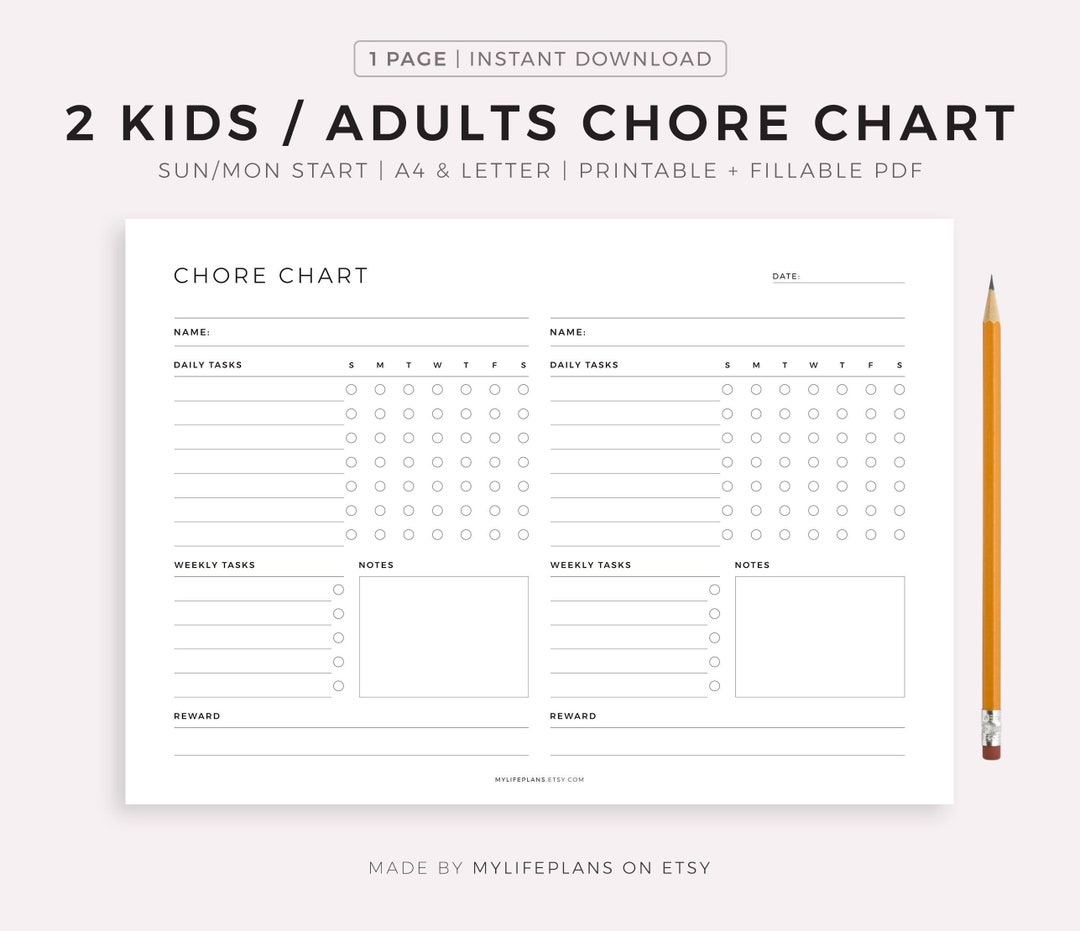 Chore Chart For 2 Kids Adults Printable Template Weekly Household