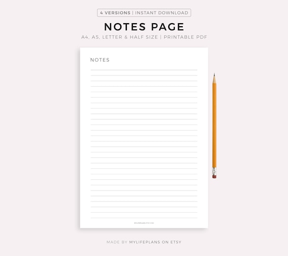 Notes Page Printable, Lined Notes Template, Note Taking, Writing Paper, Notes Planner Insert, A4/A5/Letter/Half Size, Instant Download PDF