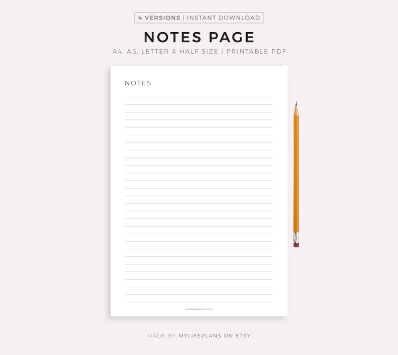 Notes Page Printable, Lined Notes Template, Note Taking, Writing Paper, Notes Planner Insert, A4/A5/Letter/Half Size, Instant Download PDF image 1