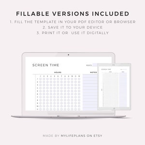 May include: A laptop computer displaying a printable screen time tracker with a grid of circles for each hour of the day. The tracker is labelled "Screen Time" and has a section for notes. A tablet computer is also shown displaying a similar screen time tracker.