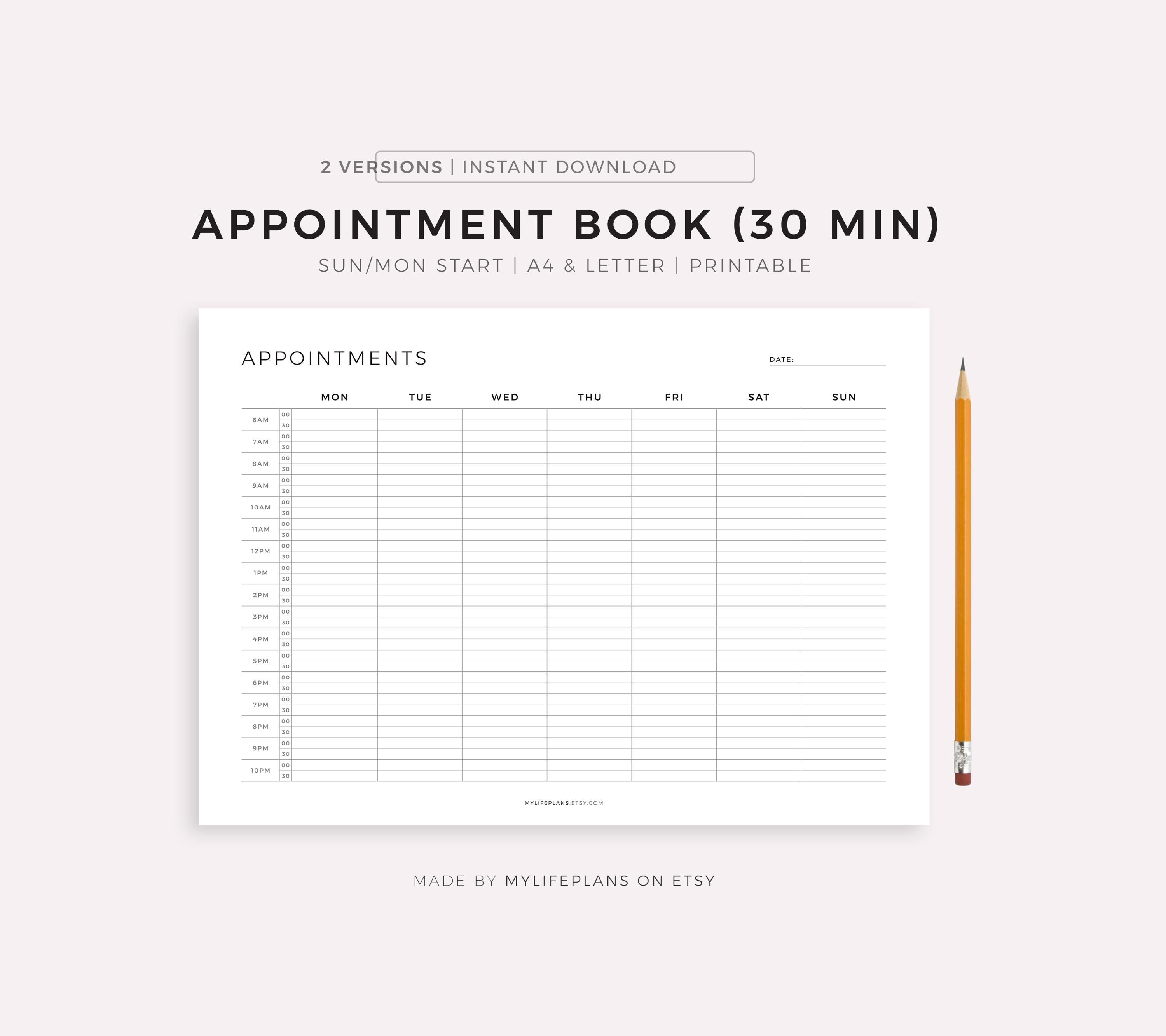 Appointment Book 30 Minute Intervals Landscape, Appointment Reminder ...