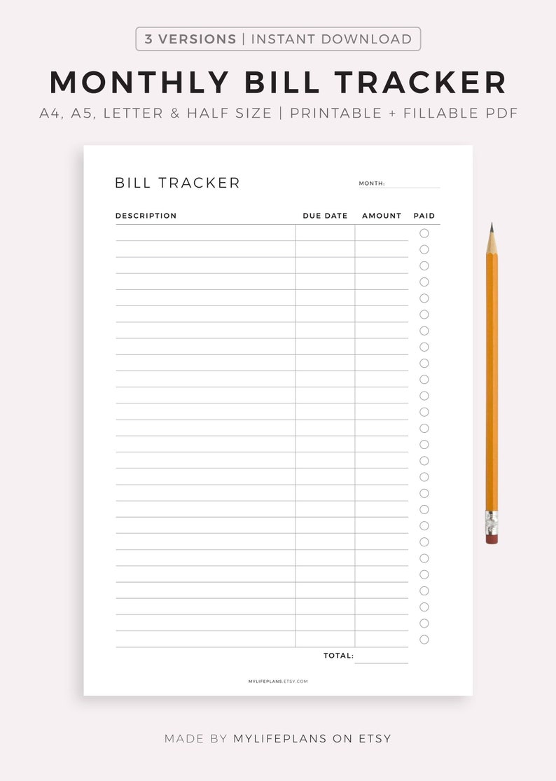 Monthly Bill Tracker Printable, Bill Payment Checklist, Bill Organizer, Finance Planner A4/A5/Letter/Half Size, Instant Download PDF image 1