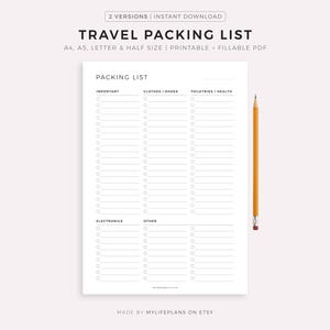 Printable Travel Packing List - Travel Documents, Electronics, Clothes and Shoes, Accessories, Toiletries / Health, ect..
