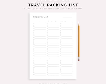 Printable Travel Packing List - Travel Documents, Electronics, Clothes and Shoes, Accessories, Toiletries / Health, ect..