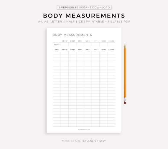 Body Measurements Tracker Printable, Fitness Progress Sheet, Body Transformation Template, Before and After, A4/A5/Letter/Half