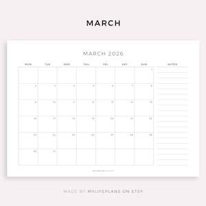 K&ouml;nnte beinhalten: Ein minimalistischer wei&szlig;er Kalender f&uuml;r M&auml;rz 2026 mit Rasterlayout und Notizbereich. Das Wort "M&Auml;RZ" steht oben, mit Monat und Jahr zentriert. Die Wochentage sind oben aufgef&uuml;hrt, und die Daten befinden sich im Raster.