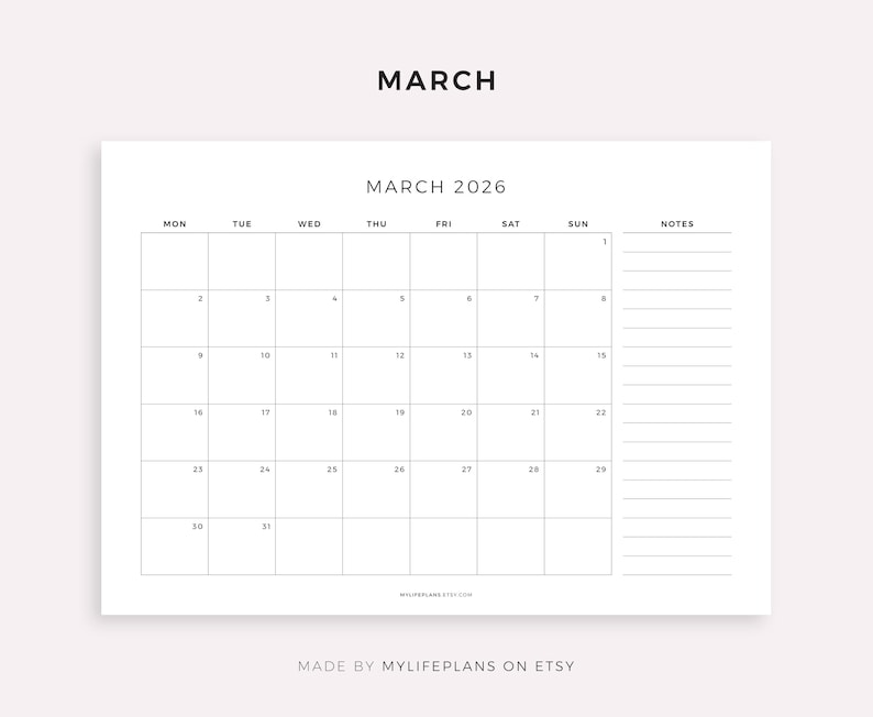 K&ouml;nnte beinhalten: Ein minimalistischer wei&szlig;er Kalender f&uuml;r M&auml;rz 2026 mit Rasterlayout und Notizbereich. Das Wort "M&Auml;RZ" steht oben, mit Monat und Jahr zentriert. Die Wochentage sind oben aufgef&uuml;hrt, und die Daten befinden sich im Raster.