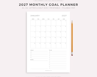2027 Monthly Goal Planner, Monthly To Do List, Monthly Organizer, Monthly Agenda, Month at a Glance, Printable & Fillable, A4/A5/Letter/Half