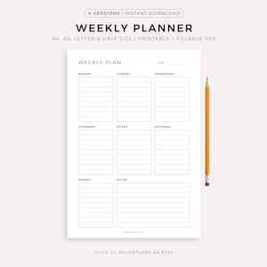 Wekelijkse planner afdrukbare takenlijst, minimaal weekschema, wekelijks organisator dagboek, wekelijkse agenda, week in een oogopslag, A4/A5/Letter/Half
