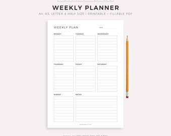 Planificador semanal imprimible con lista de tareas, horario semanal minimalista, diario organizador semanal, agenda semanal, resumen de la semana, tamaño A4/A5/carta/media página.