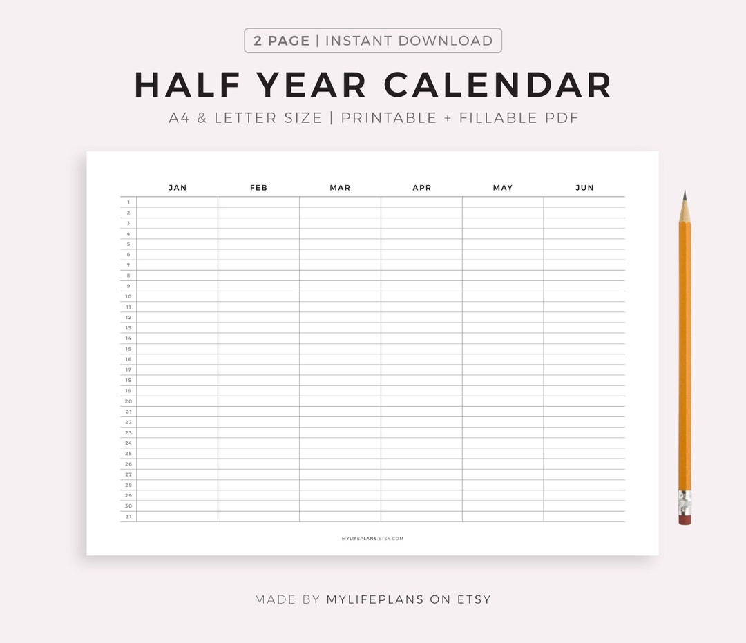 Half Year Calendar Printable, Undated Calendar on 2 Pages, Year at a ...