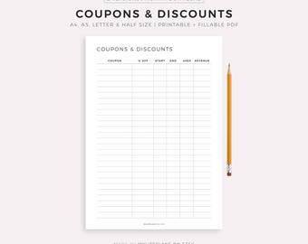 Online Shop Coupon & Discounts Tracker Printable, Business Coupon Planner, Shop Discount Code List, Promo Code Tracker, A4/A5/Letter/Half