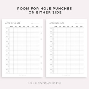 May include: Two blank printable daily planner pages with the text "ROOM FOR HOLE PUNCHES ON EITHER SIDE" and "APPOINTMENTS" at the top. The pages are divided into columns for each day of the week, with time slots from 8:00 AM to 10:00 PM.
