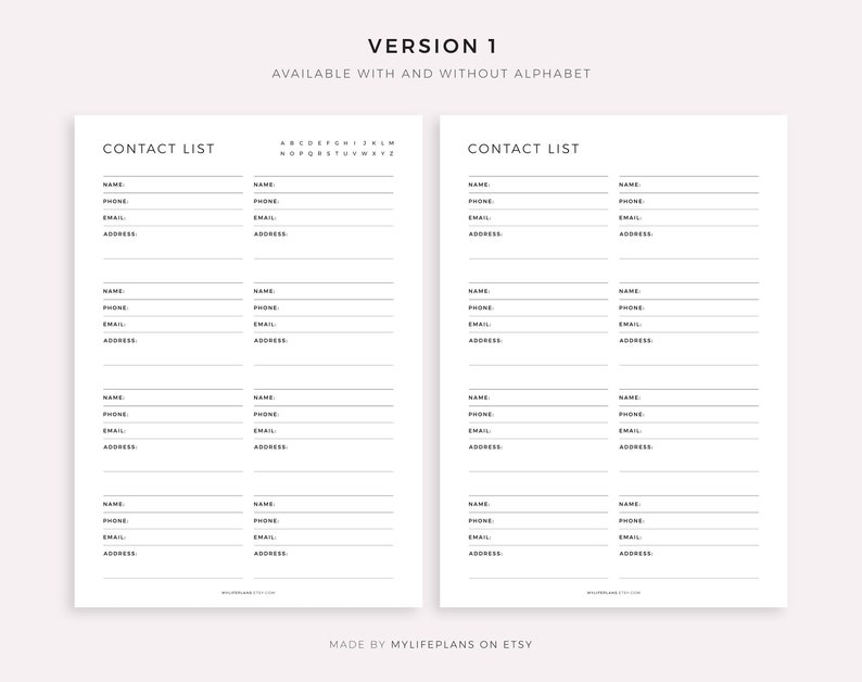 Contacts List Printable Address Book Contact Information Etsy