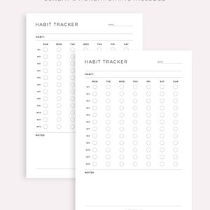 K&ouml;nnte beinhalten: Zwei druckbare Habit-Tracker-Seiten im Schwarzwei&szlig;-Design. Die Seiten sind in Abschnitte f&uuml;r jeden Tag der Woche und jede Woche des Monats unterteilt. Die Seiten enthalten auch einen Abschnitt f&uuml;r Notizen.