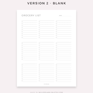 Puede incluir: Una plantilla de lista de la compra imprimible con el t&iacute;tulo "Grocery List" y un espacio para la fecha. La lista est&aacute; dividida en tres columnas con casillas de verificaci&oacute;n y l&iacute;neas para escribir art&iacute;culos.