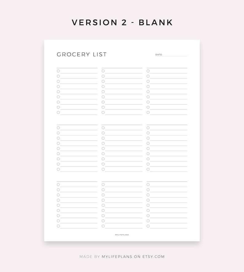 Puede incluir: Una plantilla de lista de la compra imprimible con el t&iacute;tulo "Grocery List" y un espacio para la fecha. La lista est&aacute; dividida en tres columnas con casillas de verificaci&oacute;n y l&iacute;neas para escribir art&iacute;culos.