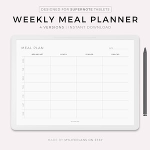 Planificación semanal de comidas para Supernote A5X2/A5X/A5/A6X2/A6X/A6, horizontal, planificador de menú de 7 días, planificador de comidas, salud y fitness, descarga instantánea