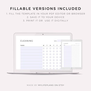 May include: A printable cleaning schedule template with a checklist for each day of the week. The template is designed to be filled in digitally using a PDF editor or browser. The text "CLEANING" is at the top of the template.