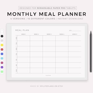 Planificateur de repas mensuel pour papier remarquable Pro, paysage, planificateur de menus 30 jours, planificateur de nourriture, santé et forme physique, téléchargement immédiat