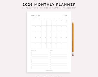 2026 Monthly Planner Printable, A4/A5/Letter/Half Size, Monthly Organizer, Month At a Glance, Instant Download