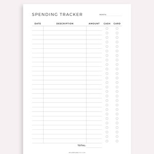 May include: A printable spending tracker with columns for date, description, amount, cash, and card. The tracker has 30 rows for recording expenses.