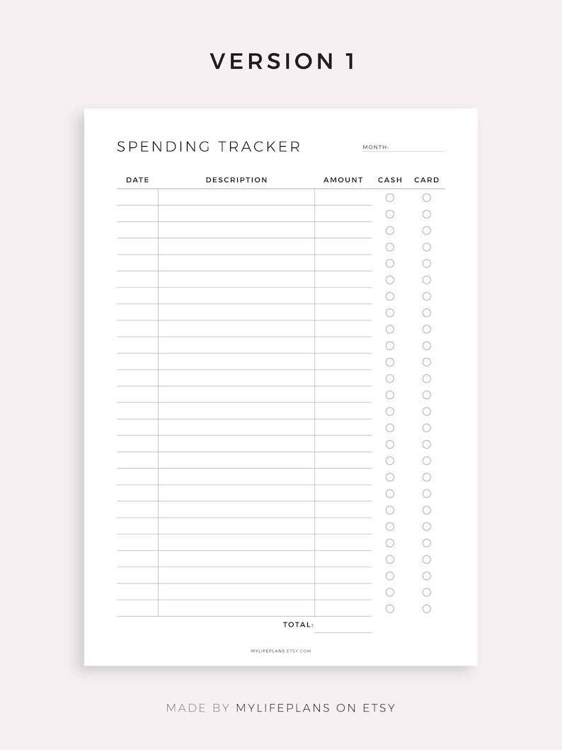 May include: A printable spending tracker with columns for date, description, amount, cash, and card. The tracker has 30 rows for recording expenses.