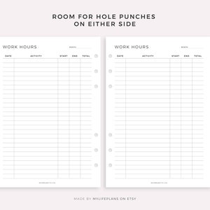 Op de afbeelding: Printbare plannerpagina met de titel "Work Hours" en ruimte voor datum, activiteit, starttijd, eindtijd en totaal. De pagina is ontworpen voor gebruik met een planner met ringband en heeft aan beide zijden geperforeerde gaten.
