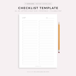 Blank Checklist Template Printable & Fillable, Simple Checklist Template, A4/A5/Letter/Half, Instant Download PDF