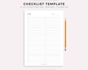 Blank Checklist Template Printable & Fillable, Simple Checklist Template, A4/A5/Letter/Half, Instant Download PDF