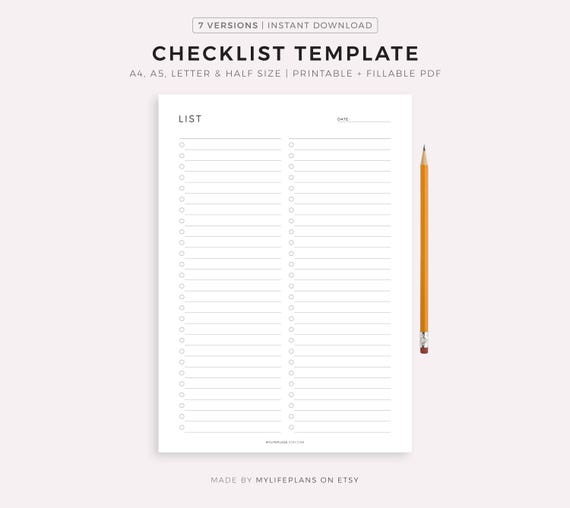 Blank Checklist Template Printable & Fillable, Simple Checklist Template, A4/A5/Letter/Half, Instant Download PDF