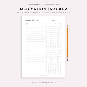 Afdrukbare dagelijkse medicatietracker, herinnering medicatie-inname, medicatieschema, sjabloon medicatielijst, A4/A5/Letter/Half-formaat