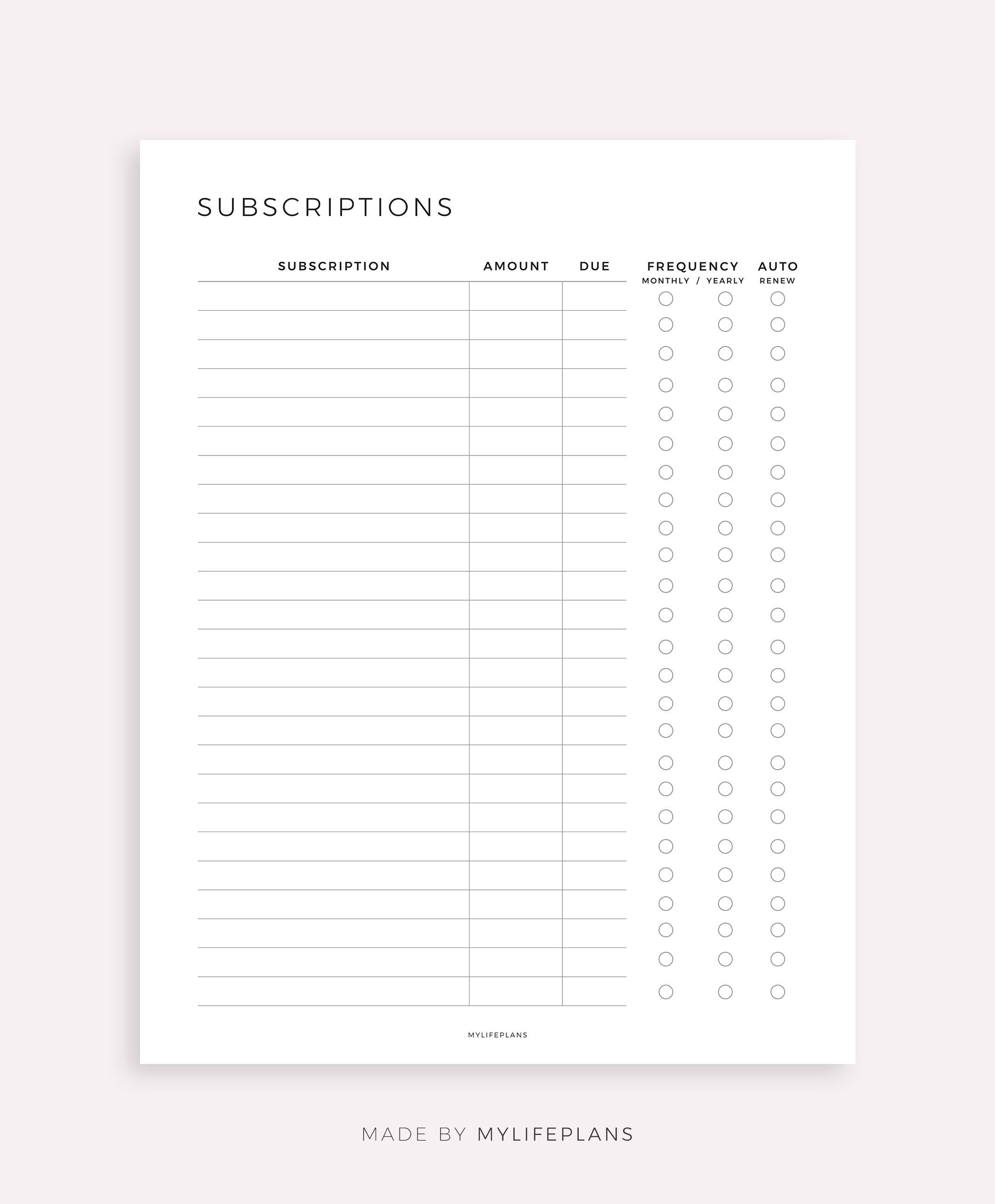 Subcriptions Forms Subscription Tracker Printable, Membership Checklist, Template for ...