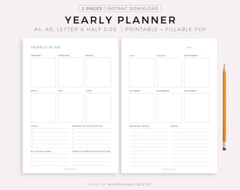 2 Page Yearly Planner - Yearly Goals, Important Dates, Rewards, Distractions, A4/A5/Letter/Half, Printable & Fillable, Instant Download