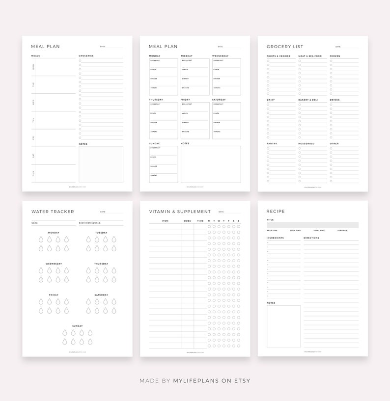 May include: Printable planner pages for meal planning, grocery lists, water tracking, vitamin and supplement tracking, and recipe planning. The pages are black and white with a minimalist design.