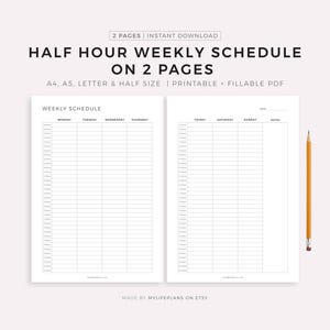Half Hour Weekly Schedule on 2 Pages, Weekly Planner Printable, Week At a Glance, Weekly To Do List, Weekly Agenda, A5/A4/Letter/Half Letter image 1