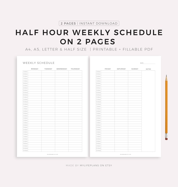 Half Hour Weekly Schedule on 2 Pages, Weekly Planner Printable, Week At a Glance, Weekly To Do List, Weekly Agenda, A5/A4/Letter/Half Letter