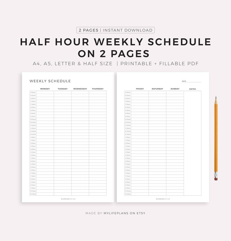 Half Hour Weekly Schedule on 2 Pages, Weekly Planner Printable, Week At a Glance, Weekly To Do List, Weekly Agenda, A5/A4/Letter/Half Letter image 1