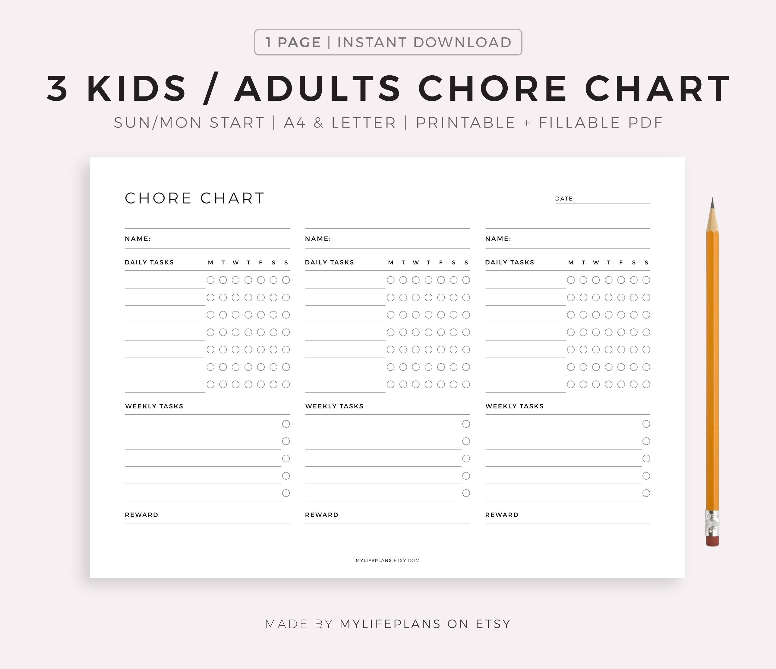 Chore Chart for 3 Kids / Adults Printable Template Weekly Etsy Australia