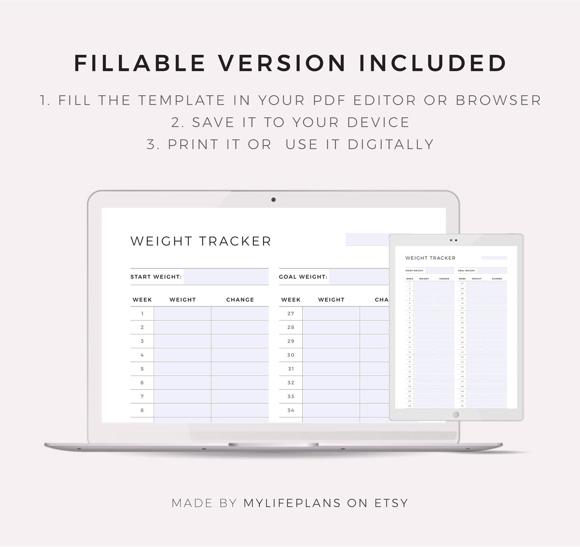 52 Week Weight Tracker Printable & Fillable, Weight Loss Tracker ...