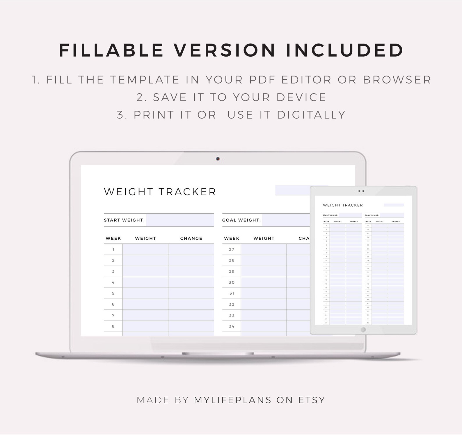 52 Week Weight Tracker Printable & Fillable, Weight Loss Tracker ...