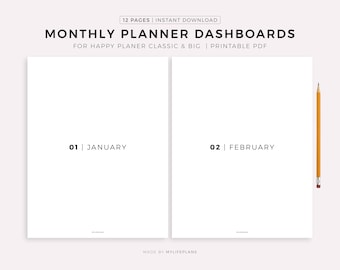 Minimalistische monatliche Dashboards zum Ausdrucken, für Happy Planner Classic & Big, Sofort Download