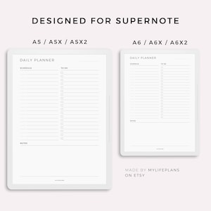 May include: Two digital planner templates designed for the Supernote device. The left template is for A5, A5X, and A5X2 sizes. The right template is for A6, A6X, and A6X2 sizes. Both templates feature a daily planner layout with sections for schedule, to-do list, and notes.