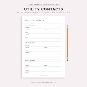Op de afbeelding: Een afdrukbaar PDF-document met de titel "UTILITY CONTACTS" met secties voor informatie over nutsbedrijven. Het document bevat velden voor bedrijf, website, e-mail, adres en notities. Een gele potlood ligt aan de rechterkant van het document.