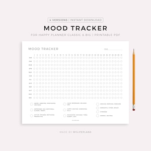 May include: A white printable mood tracker with a grid of circles for daily entries. The text "MOOD TRACKER" is at the top, with labels for months and mood descriptions. A yellow pencil is placed on the right side of the tracker.