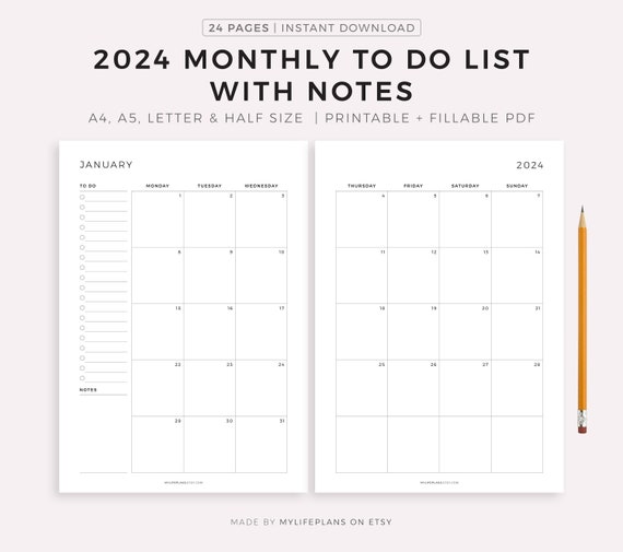 2024 Monthly to Do List on Two Pages, Productivity Monthly Planner  Printable, Monthly Agenda, Sunday/monday Start, A4/a5/letter/half 