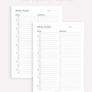 May include: Printable meal planner with two pages. The left page has a weekly meal plan with columns for breakfast, lunch, dinner, and snacks. The right page has a grocery list with checkboxes. The text "Version 4" and "Sunday & Monday Starts Included" is at the top of the page.